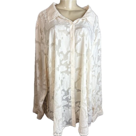 Torrid +6 Blush Pink Sheer Clip Floral Chiffon Button Collar Long Sleeve Blouse - Picture 2 of 6